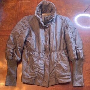 Rivamonti Quilted Gray Puffer Jacket w high funnel neck, cinch waist, knit cuffs